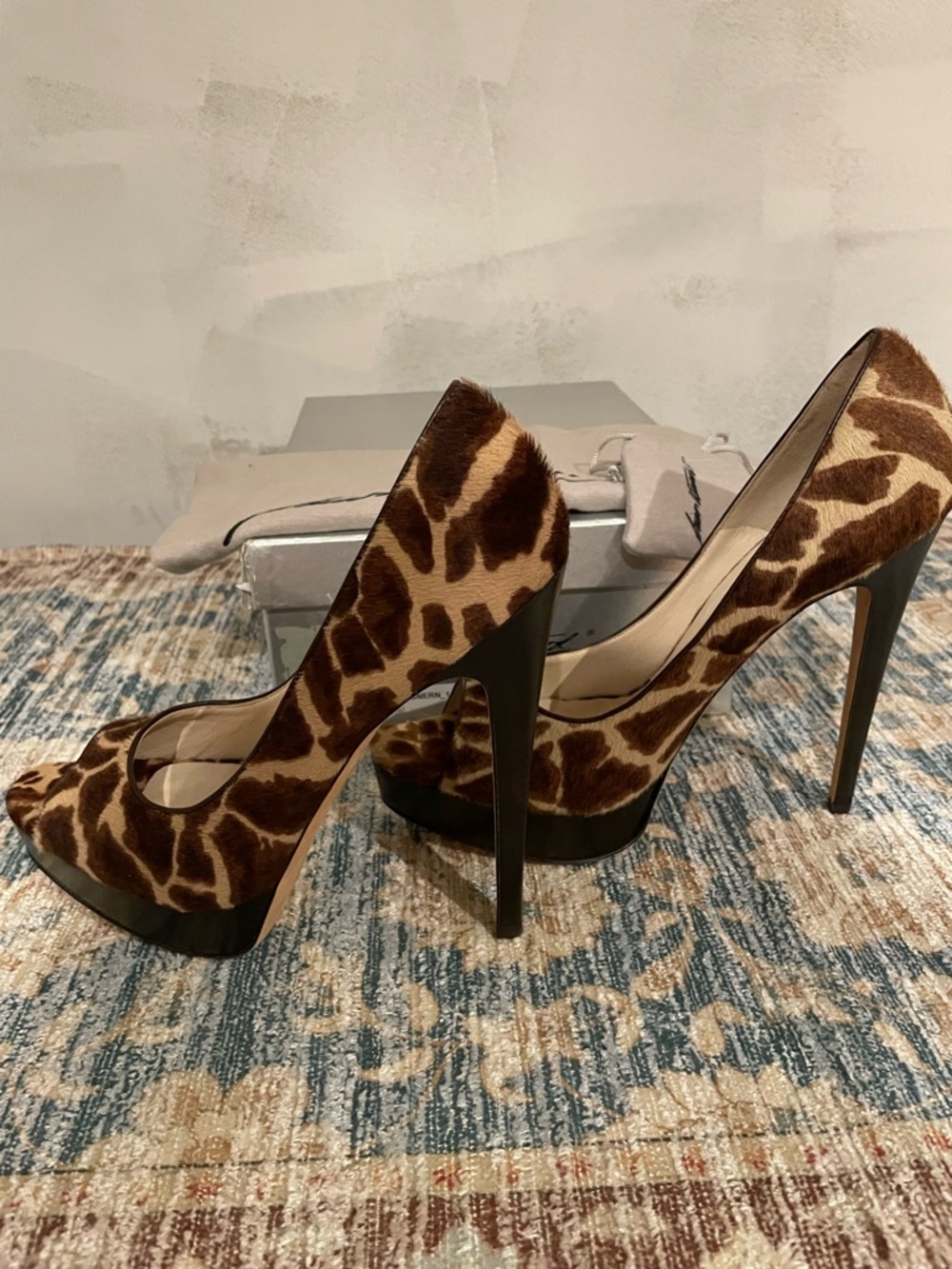 Brian Atwood Pony Hair Giraffe-Print Peep-Toe Stilettos - Brown size 40.5